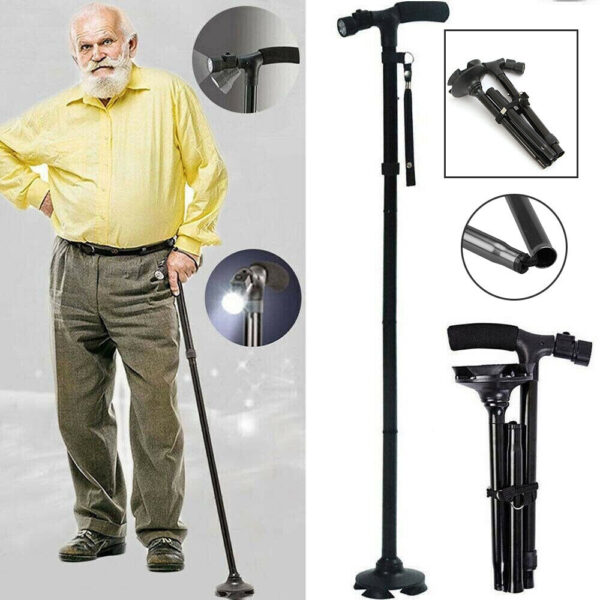 portable folding walking stick with led light & aluminium handle for adults or old peoples black - Image 10