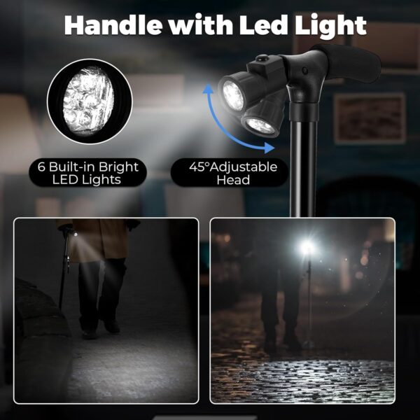 portable folding walking stick with led light & aluminium handle for adults or old peoples black - Image 9