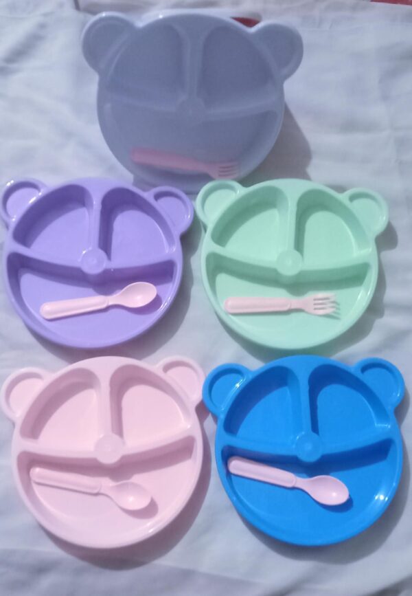 5 pcs bear plate set - cartoon compartment dinner plate | includes divided plate, fork & spoon, perfect for toddlers & preschoolers (random color) - Image 5