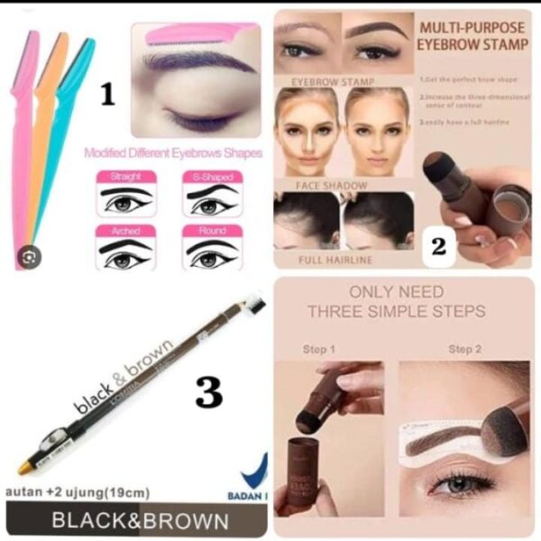 3 in 1 eye brow deal eyebrow stamp, eye brow pencil, eyebrow razor tinkle