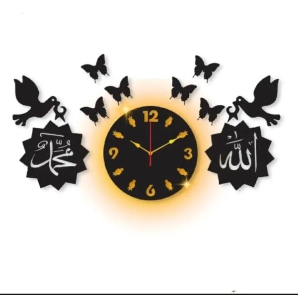 allah muhammad with beautiful butterfly  wooden wall clock islamic 3d style wooden wall clock with light