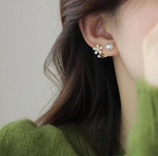 korean zircon flower pearl front back earrings  for girls