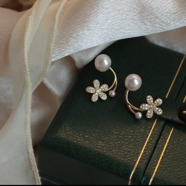 korean zircon flower pearl front back earrings  for girls - Image 2