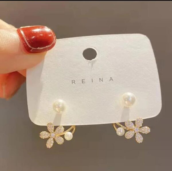 korean zircon flower pearl front back earrings  for girls - Image 3