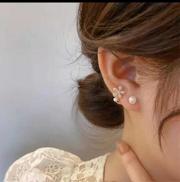 korean zircon flower pearl front back earrings  for girls - Image 4