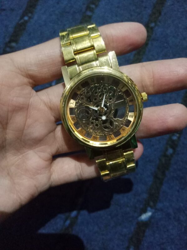 golden new look luxury analog skeleton quartz stainless steel watch for men & boys (without box ) - Image 3