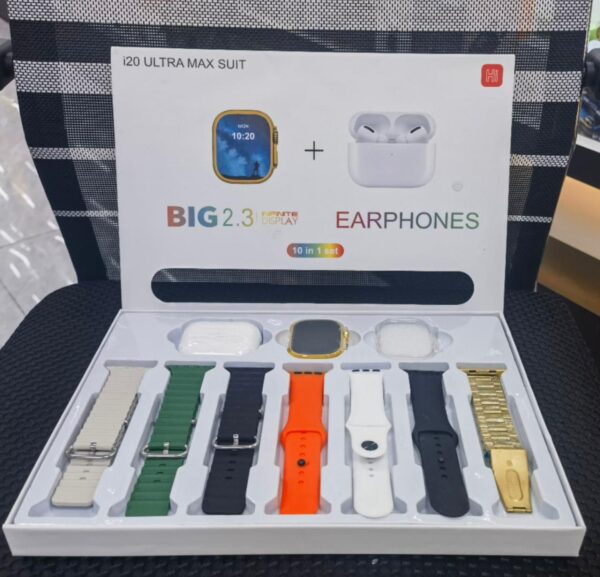 i20 ultra max suit smart watch 10 in 1 box 2.3inch large screen with 7 multi mix straps with airpords 2 - Image 3
