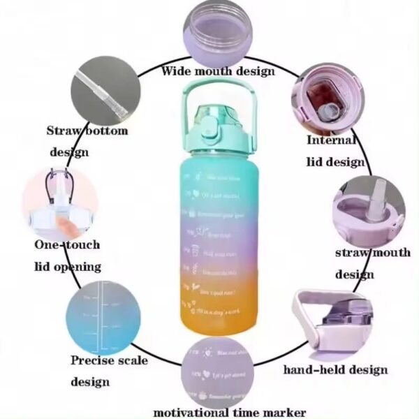 3 pack water bottles with  2l large bottle 700mlportable bottle and 300ml mini bottle motivational (random color) - Image 3