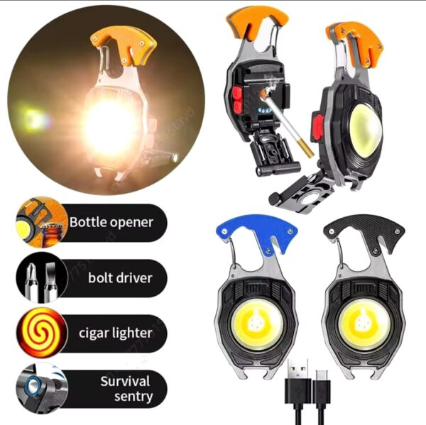 multifunction keychain cob work lights strong magnet mini torch with cigarette lighter screwdriver usb rechargeable flashlight (random color) - Image 4