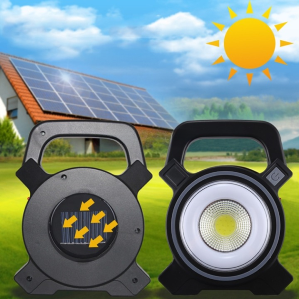 jy-819a 10w solar rechargeable white light cob led work light, handheld camping lamp with solar panel - Image 6