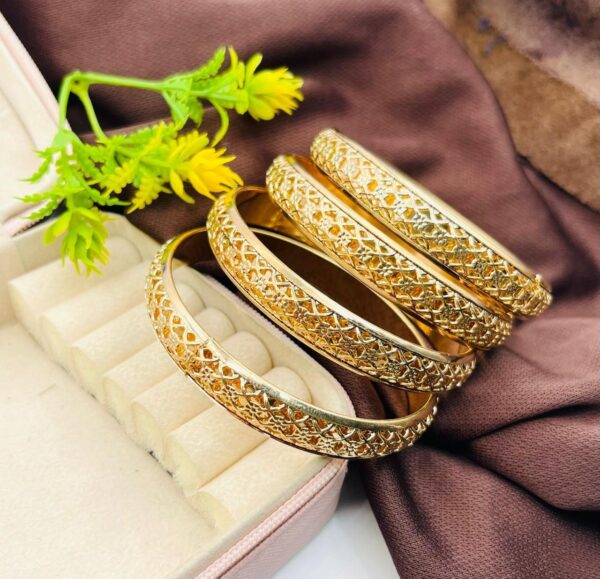 golden elegant bangles 2 pcs set | traditional indian jewelry with intricate design | premium gold finish bangles for women and girls