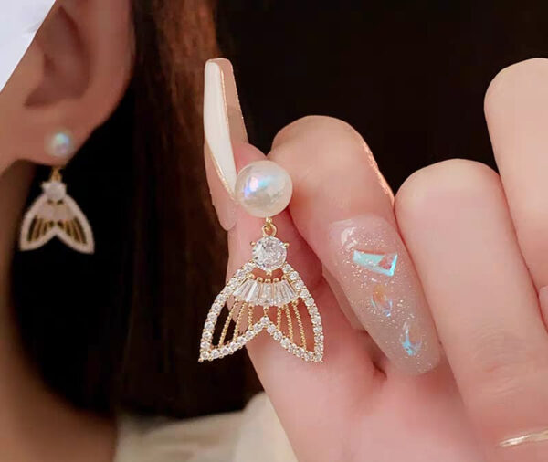 golden fishtail luxury sparkling crystal rhinestones pearl earrings for women girls
