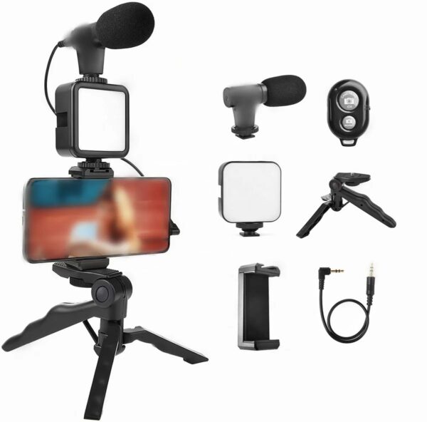 vlogging video making kit with light, table tripod stand, microphone, phone holder, bluetooth remotesmart phone vloging kot - Image 5