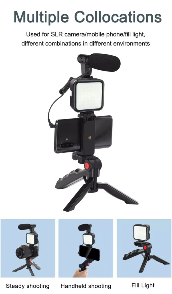 vlogging video making kit with light, table tripod stand, microphone, phone holder, bluetooth remotesmart phone vloging kot