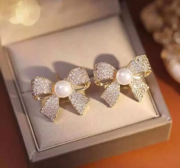 korean  elegant zircon bow style earrings pearl style bow earrings for girls - Image 3