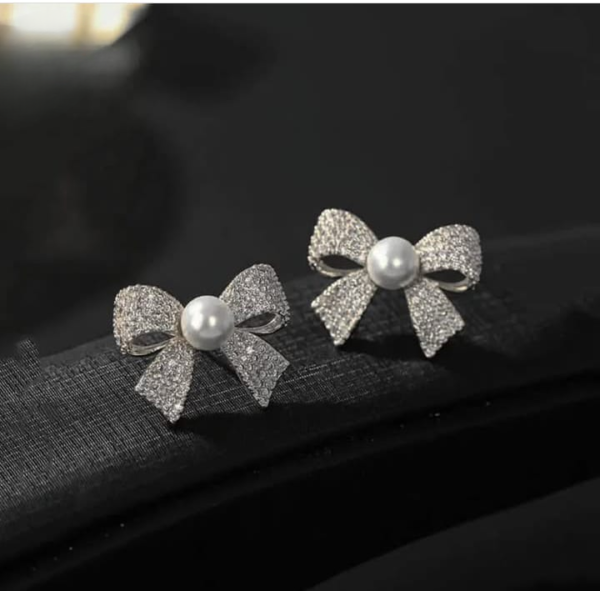 korean  elegant zircon bow style earrings pearl style bow earrings for girls - Image 4