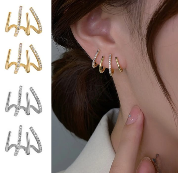 w shape zircon korean earring cuff earrings that look like multiple piercings for women - Image 4