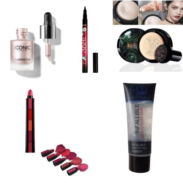 makeup bundle deal ( pack of 5 ) primer , foundation ,eyeliner pen ,highlighter ,5 in 1  lipstick