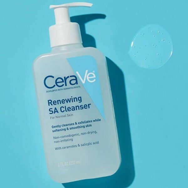 cerave renewing sa facial cleanser for skin smoothness, refines skin texture, deeply nourishing