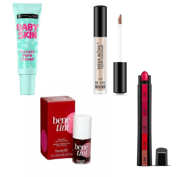 pack of 4 cosmetic bundle - includes primer, councilor,  tint,  lipstick