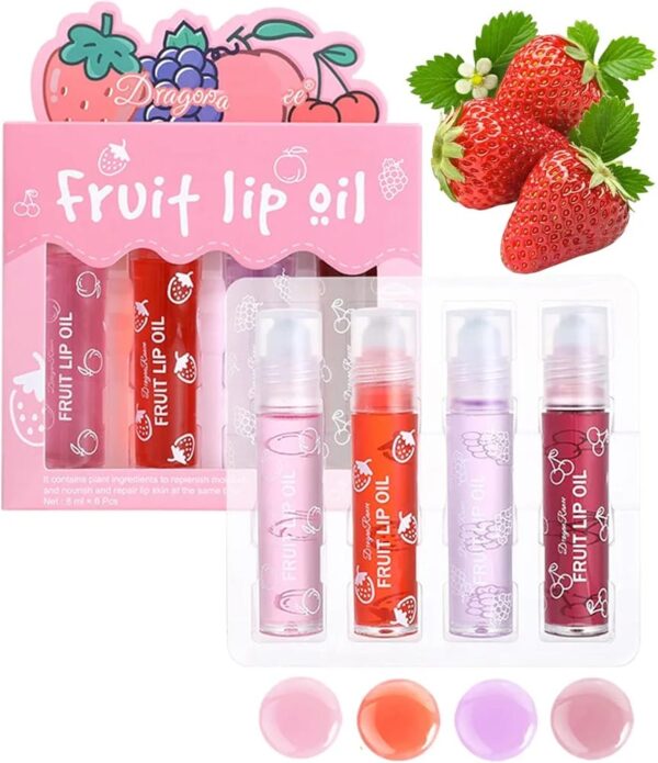 pack of 4 - fruit lip oil non-sticky set in peach, grape, strawberry, cherry flavor - Image 2