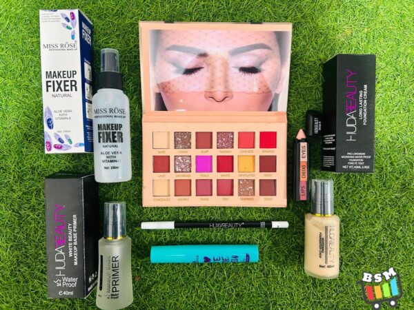 7 in 1 makeup deal - fixer, primer , foundation,  lip pencil,  mascara,  lip pen,  eyeshadow pallet