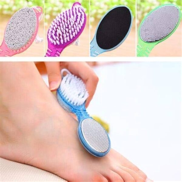 4 in 1 foot scrubber | multi use pedicure paddle brush – 4 step pedicure cleanse, scrub, file and buff (random color)