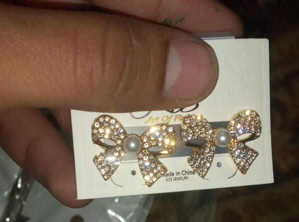 korean  elegant zircon bow style earrings pearl style bow earrings for girls - Image 2