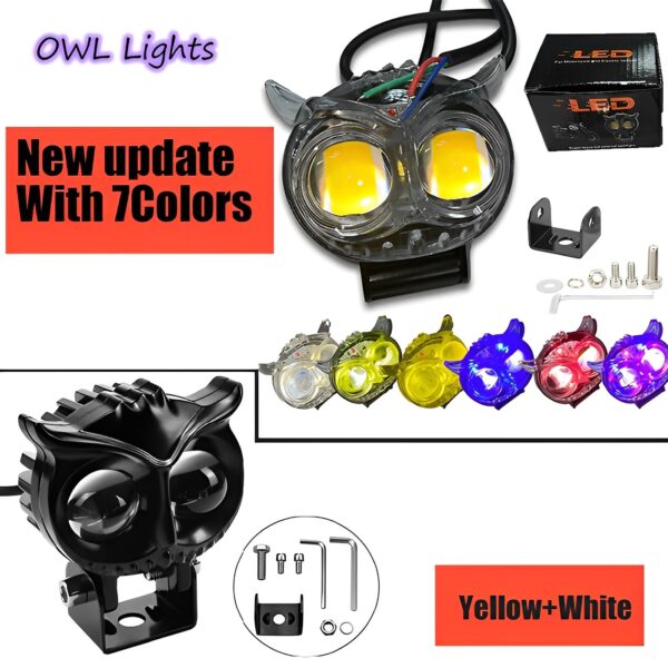 pack of 1 owl fog light for bikes metal body  - 8 working modes led motorcycle fog headlights with multicolor drl, universal fitment, and auxiliary spotlights - Image 2