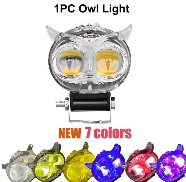 pack of 1 owl fog light for bikes metal body  - 8 working modes led motorcycle fog headlights with multicolor drl, universal fitment, and auxiliary spotlights