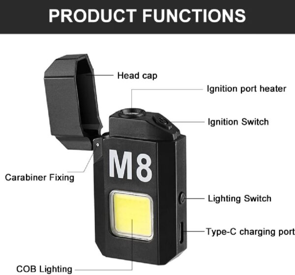 cob led flahlight with lighters dual arc pulse flameless lighter type c rechargeable lighter work light mini light men's gift - Image 6