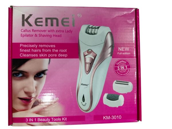 kemei 3 in 1 ( km-3010 ) rechargeable hair remover | kemei callus remover with extra lady epilator and shaving head 3 in 1 ( random color ) - Image 4