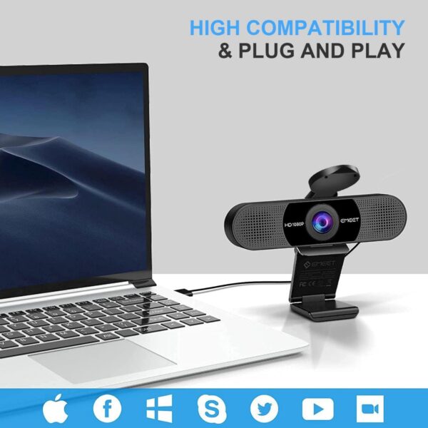 c960 emeet 1080p webcam with microphone, web camera, 2 mics streaming webcam with privacy cover, 90°view computer camera, plug & play usb webcam for calls/ conference - Image 7