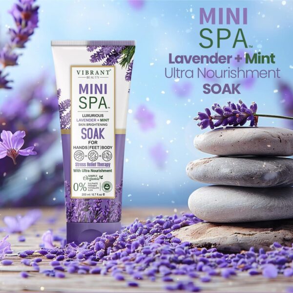 vibrant beauty luxurious mini spa lavender + mint skin brightening soak with ultra nourishment (200ml) - Image 4