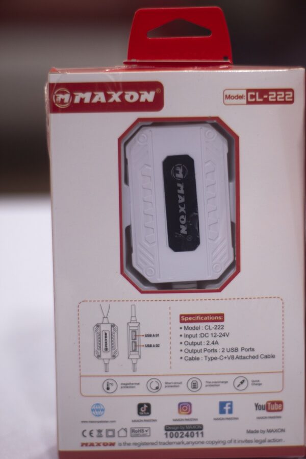 maxon cl-222 2.4a clip charger 2 usb port,2.4a,fast clip charger,android,type c - Image 2