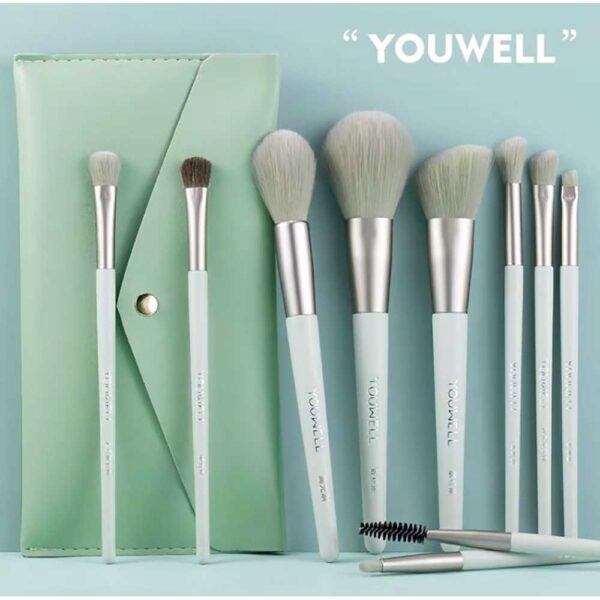 7 pcs makeup brush set complete lip brush eye shadow loose powder brush beauty tools with pouch (green) - Image 3