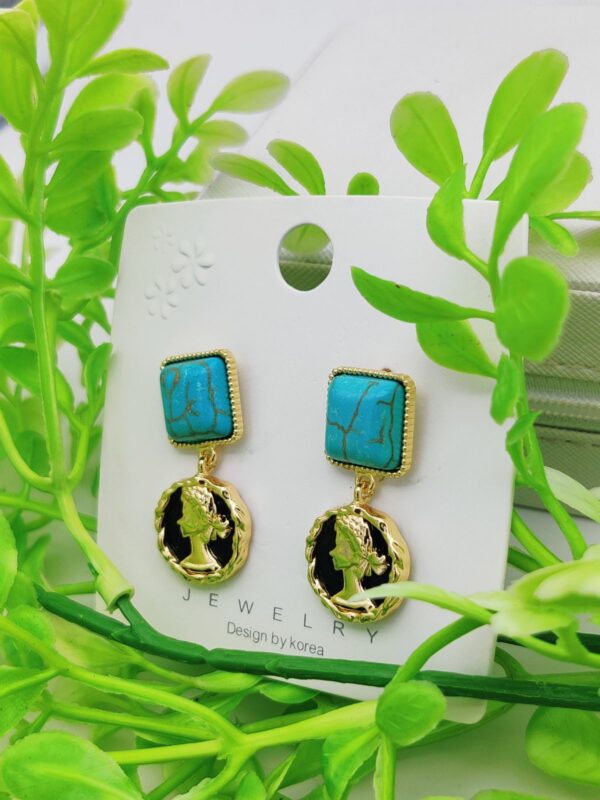 imported turquoise square and gold roman coin dangle earrings | best earrings for girls - Image 2