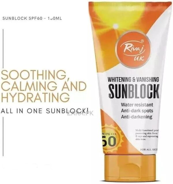 rivaj sunblock whitening & vanishing spf60 ideal for all skin types 100-ml - Image 3