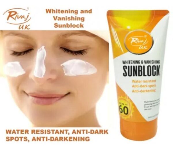 rivaj sunblock whitening & vanishing spf60 ideal for all skin types 150ml - Image 6