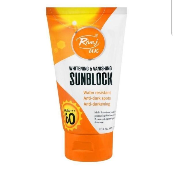 rivaj sunblock whitening & vanishing spf60 ideal for all skin types 150ml - Image 3