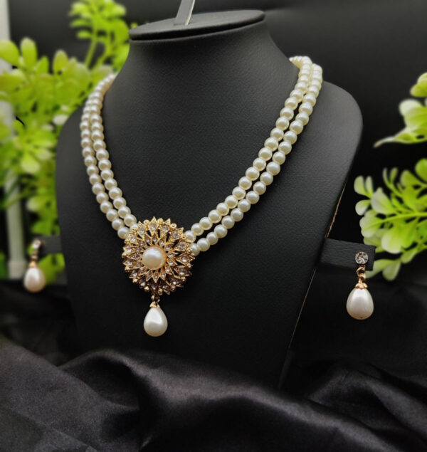 imported radiant double-layered pearl necklace with golden sunburst pendant | girls & women fashion - Image 3