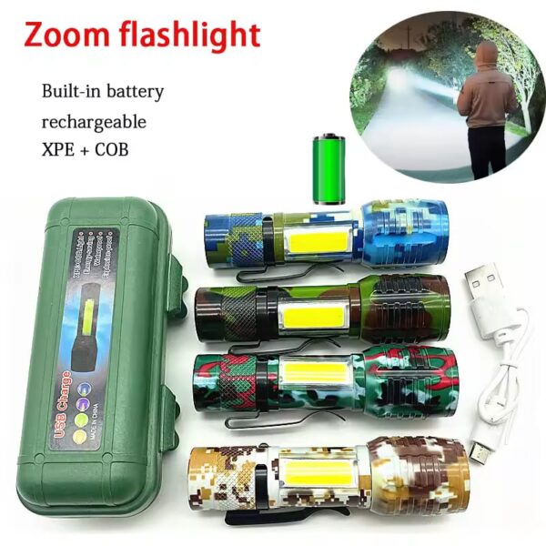 rechargeable flashlight zoom torch portable built-in battery xpe+cob waterproof flashlight 3 lighting mode mini led flashlight