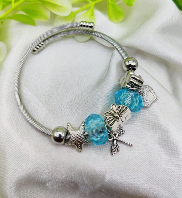 imported elegant pandora-inspired silver charm bracelet with ocean blue beads & delicate charms| best quality bracelet for girls & women