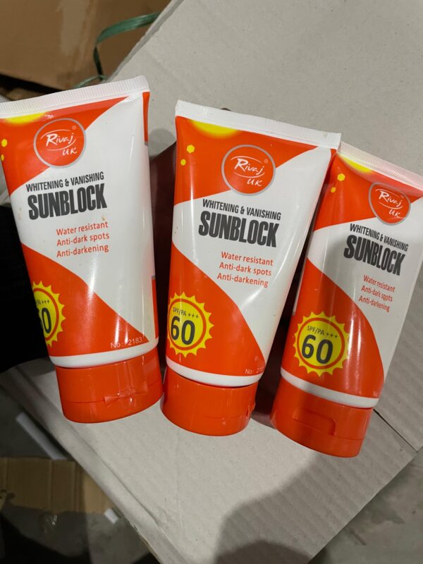 rivaj sunblock whitening & vanishing spf60 ideal for all skin types 150ml - Image 2