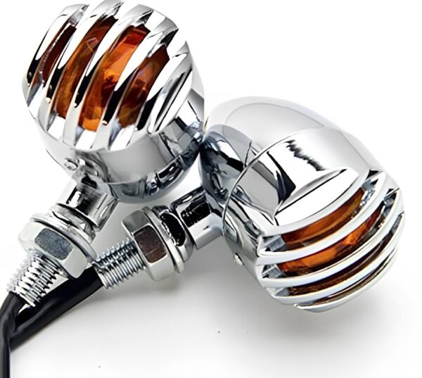 4 pcs 12v universal motorcycle grill turn signal lights – amber led, chrome body, compatible with honda, yamaha, kawasaki, sportster 1200, and more.