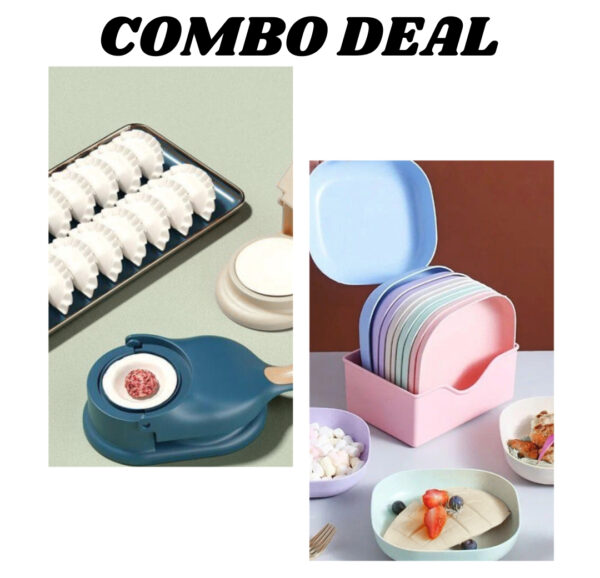 pack of 2 |10pcs multi-function spit bone plate set + 2 in 1 dumpling maker | best samosa maker & household food grade plastic elliptical plate for kitchen (random color)