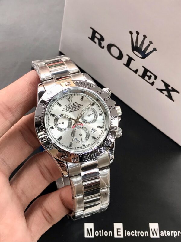 rolex daytona rotating bezel quartz machine | quartz chronograph movement silver stainless steel strap watch with master lock for men ( with normal box ) - Image 4