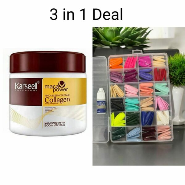 3 in 1 deal karseell hair mask collagen treatment cream + reusable 576 pcs fake nails + fake nails glue | makeup and hair care deal