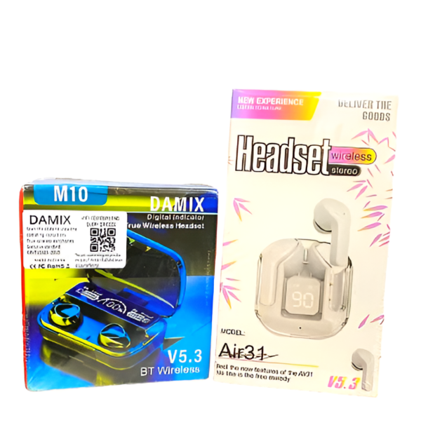 deal pack of 2 - m10 bluetooth earbuds damix & air 31 earbuds with silicone pouch (random color)