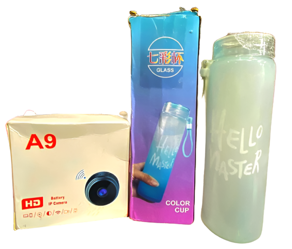 deal pack of 2 - a9 mini camera & frosted glass water bottle (random color)